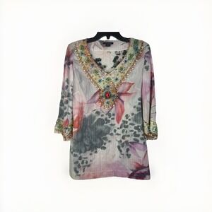 Y2K Boston Proper Top Shirt Womens Small Boho Abstract Wooden Beaded Embellished